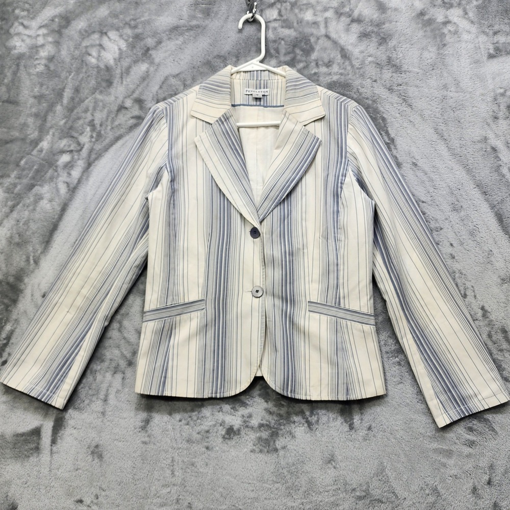 Pendleton‎ Blazer Womens 8 Blue Cream Striped 2-Button Jacket Cotton Lightweight